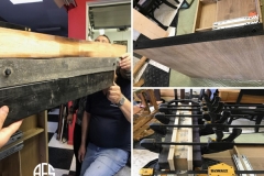 Desk Table Leg water damage expanded warped wood repair restoration leveling press veneer and compress wood fix